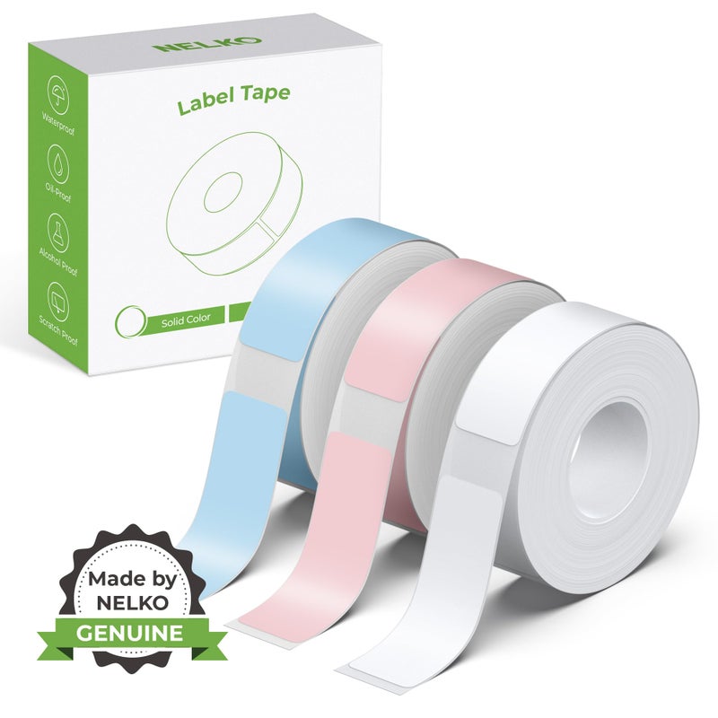 NELKO Genuine P21 Label Maker Tape, Adapted Label Print Paper, 14x40mm (0.55inchesx1.57inches), Standard Laminated Labeling Replacement, 180 Tapes/Roll, 3-Roll, White/Light Blue/Pink - Image 1